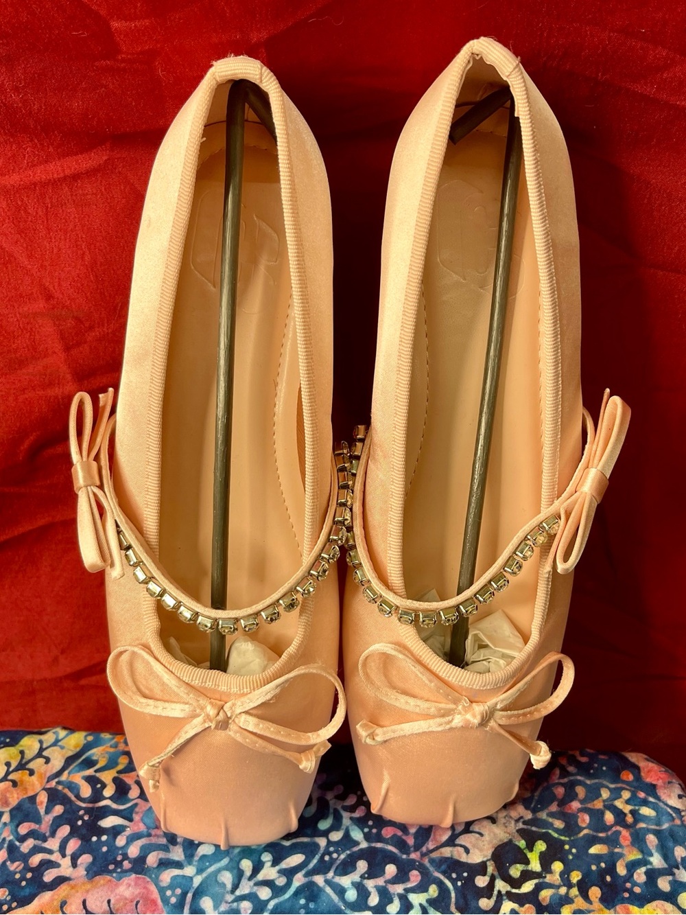 Women's Pink Satin Ballet Flats with Crystal Strap and Bow
